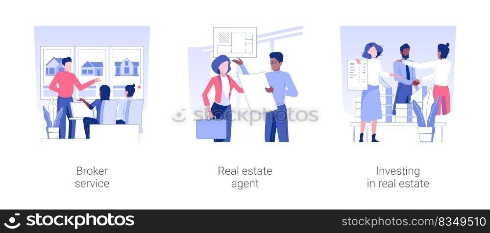 Real estate business isolated concept vector illustration set. Broker service, real estate agent, investing in property assets, business people signing contract, property listing vector cartoon.. Real estate business isolated concept vector illustrations.