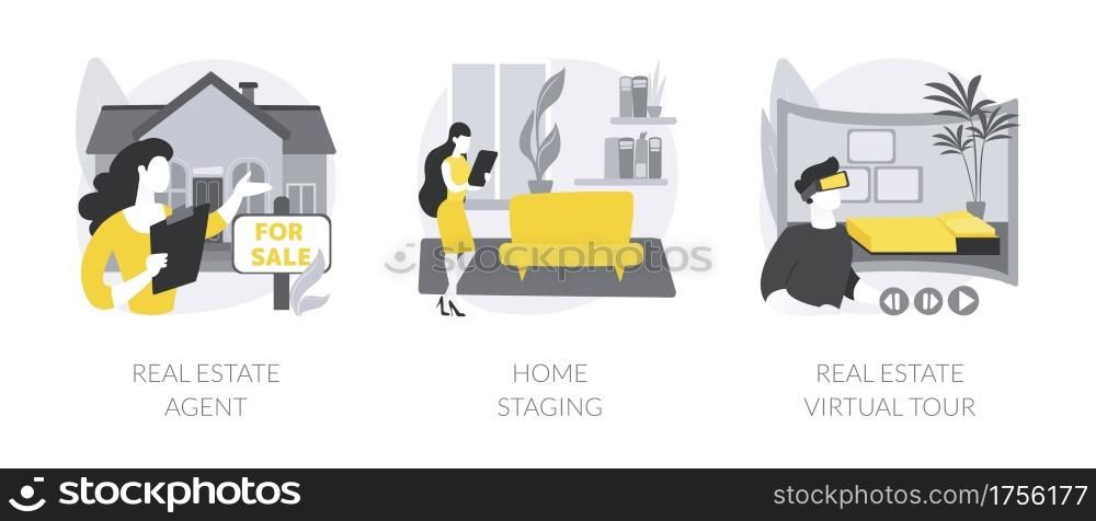 Real estate buying experience abstract concept vector illustration set. Real estate agent, home staging, real estate virtual tour, sale preparation, listing video walk-through abstract metaphor.. Real estate buying experience abstract concept vector illustrations.