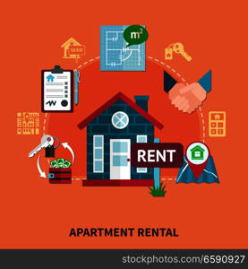 Real estate colored composition with apartment rental description orange background and isolated elements of architecture vector illustration. Real Estate Colored Composition