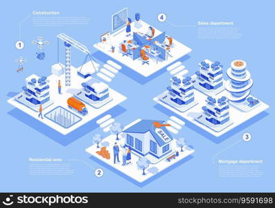 Real estate concept 3d isometric web scene with infographic. People working at construction, sales and mortgage departments, clients buying new houses. Vector illustration in isometry graphic design