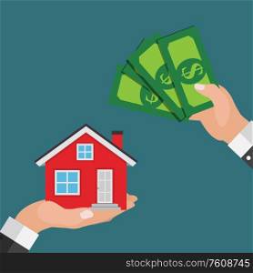 Real estate concept. Buy house poster with men hands paying money for the home building. Vector Illustration EPS10. Real estate concept. Buy house poster with men hands paying money for the home building. Vector Illustration