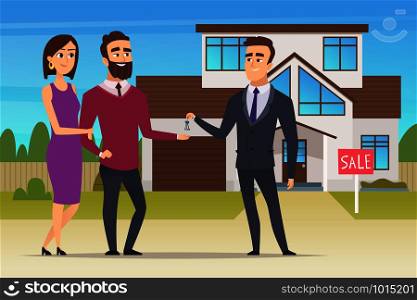 Real estate concept. Family couple buying new house or big appartment sales manager hands over the keys vector characters. Family mortgage, buy property, selling building illustration. Real estate concept. Family couple buying new house or big appartment sales manager hands over the keys vector characters