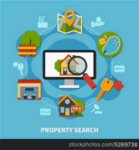Real Estate Concept. Flat design real estate concept with various property search and sale elements on blue background vector illustration