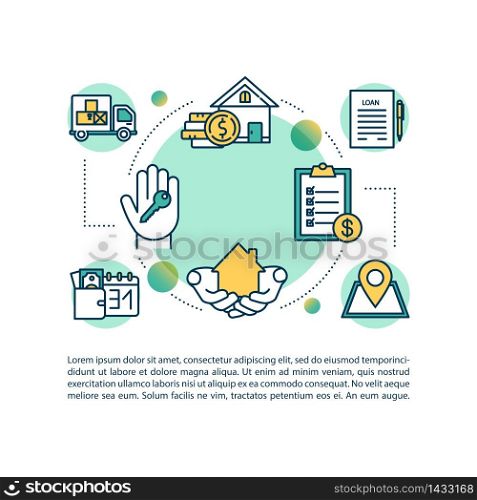 Real estate concept icon with text. Buy and sell property. House mortgage. Insurance for home. PPT page vector template. Brochure, magazine, booklet design element with linear illustrations. Real estate concept icon with text