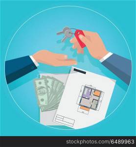 Real Estate Concept Illustration in Flat Design.. Real estate concept illustration in flat design. Realtor gives keys from apartments their new owner, plans and money in background. Illustration for real estate company advertising, housing concepts.