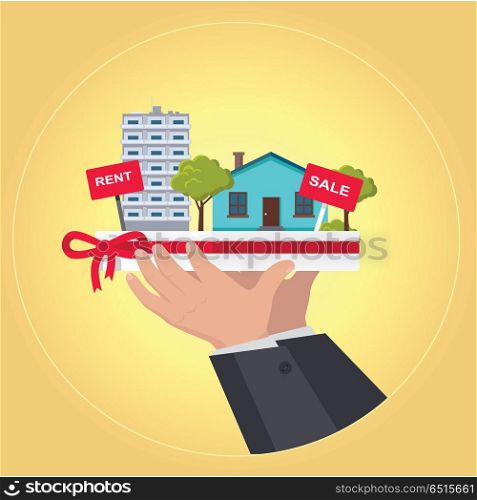 Real Estate Concept Illustration in Flat Design.. Real estate concept vector. Flat design. Hands holding salver with houses, trees, rent and sale signs on it. Illustration for real estate company advertising, housing concepts. On yellow background.