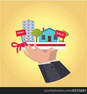 Real Estate Concept Illustration in Flat Design.. Real estate concept vector. Flat design. Hands holding salver with houses, trees, rent and sale signs on it. Illustration for real estate company advertising, housing concepts. On yellow background.