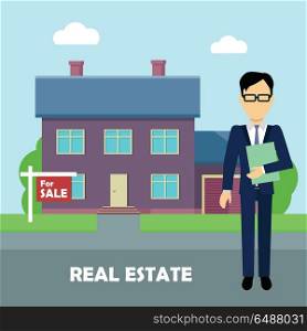 Real Estate Concept Illustration in Flat Design.. Real estate conceptual vector in flat design. Realtor with documents standing near house on sale. Buying a new place for living. Illustration for real estate company advertising, housing concepts.