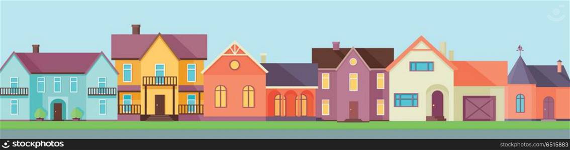 Real Estate Concept Illustration in Flat Design.. Real estate conceptual vector in flat design. Line of color cottage houses. Suburbs. Buying a new place for living. Illustration for real estate company advertising, housing concepts.