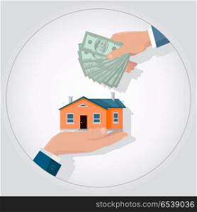 Real Estate Concept Illustration in Flat Design.. Real estate conceptual vector in flat design. Hands with house and money. Realtor agreement. Buying a new place for living. Illustration for real estate company advertising, housing concepts.
