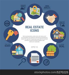 Real Estate Concept Illustration. Real estate concept with contract and house symbols on blue background flat vector illustration