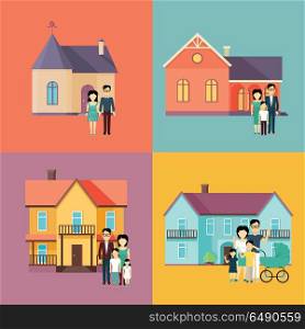 Real Estate Concept Illustrations in Flat Design.. Set of real estate conceptual vectors in flat style design. Family standing near their houses. Buying a new place for living. Illustration for real estate company advertising, housing concepts.
