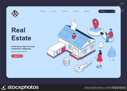 Real estate concept in 3d isometric design for landing page template. People searching new home at housing market, choosing apartments, client buying property for moving. Vector illustration for web