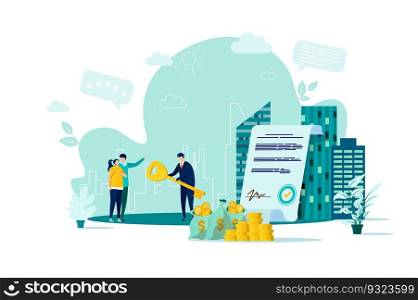 Real estate concept in flat style. Realtor gives key to new homeowners scene. Real estate agency, buy, rent and mortgage services web banner. Vector illustration with people characters in situation.. Real estate concept in flat style.