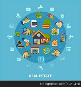Real Estate Concept. Real estate flat design concept with numerous colorful apartment search and rental icons on blue background vector illustration