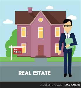 Real Estate Concept. Real estate realtor on the background of purple house with brown roof. Real estate agent, house building, property home, realtor and rent, sale housing, buy apartment. Real estate concept.