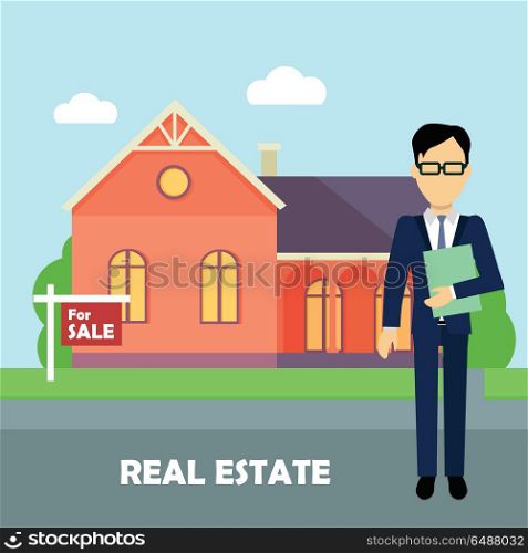 Real Estate Concept. Real estate realtor on the background of red house with purple roof. Real estate agent, house building, property home, realtor and rent, sale housing, buy apartment. Real estate concept.