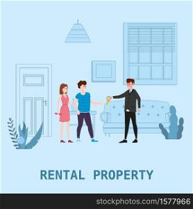 Real estate concept. Sale or rent new home service. Real estate concept. Sale or rent new home service. Modern family characters to buy new house or big appartment. Interior new housing. Realtor gives keys to family from new home. Broker services. Vector flat Illustration