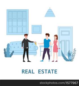 Real estate concept. Sale or rent new home service. Real estate concept. Sale or rent new home service. Modern family characters to buy new house or big appartment. Interior new housing. Realtor gives keys to family from new home. Broker services. Vector flat Illustration