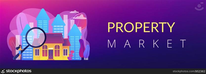 Real estate customer with magnifier looking for property for sale. Real estate market, real estate transactions, property market concept. Header or footer banner template with copy space.. Real estate concept banner header.