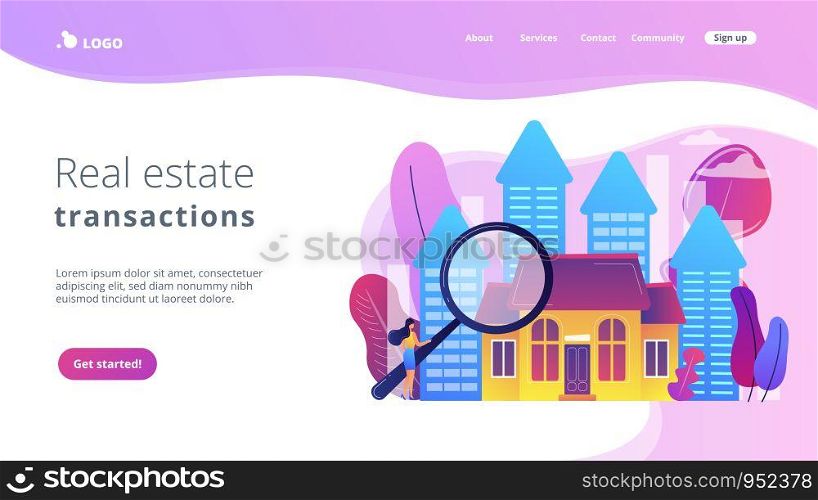 Real estate customer with magnifier looking for property for sale. Real estate market, real estate transactions, property market concept. Website vibrant violet landing web page template.. Real estate concept landing page.