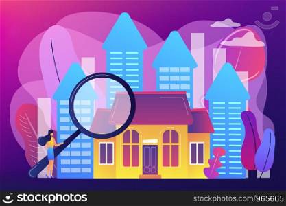 Real estate customer with magnifier looking for property for sale. Real estate market, real estate transactions, property market concept. Bright vibrant violet vector isolated illustration. Real estate concept vector illustration.