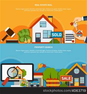 Real estate deal and property search colorful horizontal banners set flat isolated vector illustration. Real Estate Banners