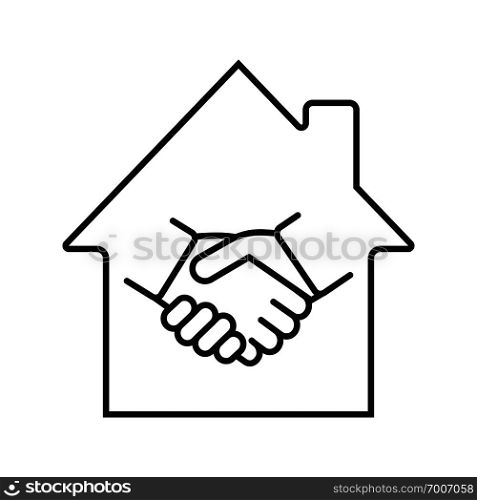 Real estate deal linear icon. Realty business agreement thin line illustration. House with handshake inside contour symbol. Property purchase. Vector isolated outline drawing. Real estate deal linear icon