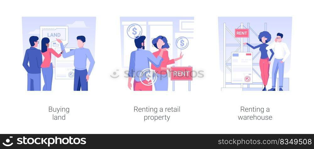 Real estate deals isolated concept vector illustration set. Buying land, renting a retail property and a warehouse, realtor services and brokerage company, money investment vector cartoon.. Real estate deals isolated concept vector illustrations.