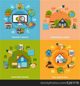 Real Estate Design Concept. Real estate 2x2 design concept with property search and apartment rental icons on colorful backgrounds flat isolated vector illustration