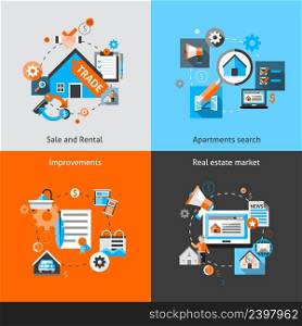 Real estate design concept set with sale and rental market apartment search improvements flat icons isolated vector illustration. Real Estate Set