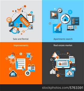 Real estate design concept set with sale and rental market apartment search improvements flat icons isolated vector illustration