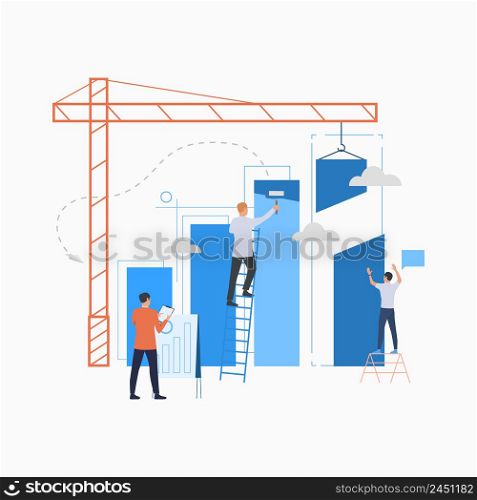 Real estate development flat icon. Crane, graph, growth, bar chart. Business concept. Can be used for topics like startup, construction, finance. Real estate development flat icon
