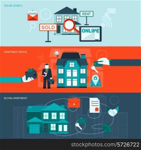 Real estate flat horizontal banner set with online search apartment rental and buying elements isolated vector illustration