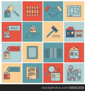 Real estate flat line icons set of house apartment and commercial property isolated vector illustration