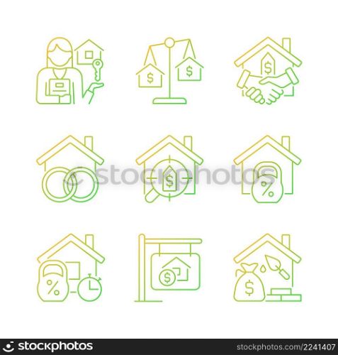 Real estate gradient linear vector icons set. Home and construction mortgage. Property purchasing. Asset insurance. Thin line contour symbol designs bundle. Isolated outline illustrations collection. Real estate gradient linear vector icons set