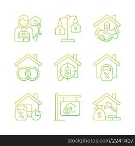 Real estate gradient linear vector icons set. Home and construction mortgage. Property purchasing. Asset insurance. Thin line contour symbol designs bundle. Isolated outline illustrations collection. Real estate gradient linear vector icons set