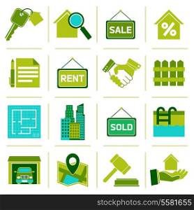 Real estate green icons set of property rent commercial management isolated vector illustration