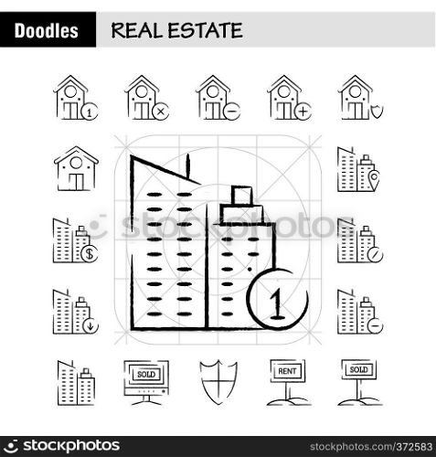 Real Estate Hand Drawn Icon Pack For Designers And Developers. Icons Of Real Estate, Help, Home, House, Info, Real Estate, Vector