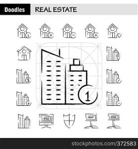 Real Estate Hand Drawn Icon Pack For Designers And Developers. Icons Of Real Estate, Help, Home, House, Info, Real Estate, Vector