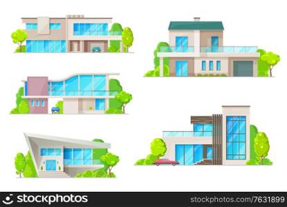 Real estate house building isolated icons with vector homes. Residential villa, cottage, bungalow and mansion exteriors with glass windows, front doors, roof with chimney, garage and car symbols. Real estate house or home building isolated icons