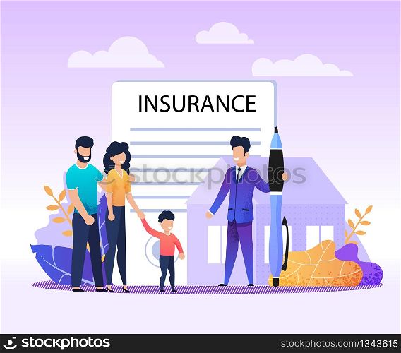 Real Estate, House, Property Insurance Services Flat Advertising Banner. Cartoon Family with Child and Agent Meeting for Making Deal and Filling Questionary. Vector Home Protection Illustration. Insurance Services for Property Cartoon Banner