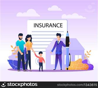 Real Estate, House, Property Insurance Services Flat Advertising Banner. Cartoon Family with Child and Agent Meeting for Making Deal and Filling Questionary. Vector Home Protection Illustration. Insurance Services for Property Cartoon Banner