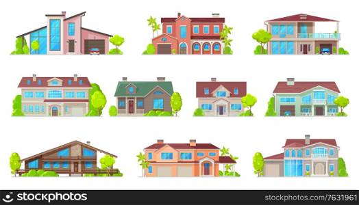 Real estate house vector icons with isolated buildings of residential homes. Cottage, villa, bungalow, townhouse and mansion two storey buildings with mansard roofs, balconies, garages and porches. Real estate house icons of isolated home buildings