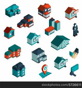 Real estate icon isometric set with houses and commercial buildings 3d isolated vector illustration