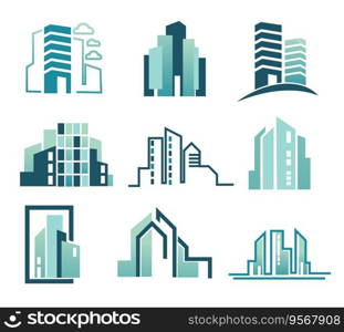 real estate icons, isolated buildings new constructions with apartments for people to live. Houses and dwellings, accommodations and business centers with offices for employees. Vector in flat style. New buildings or apartments, real estate icons