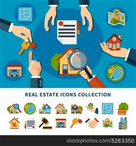 Real Estate Icons . Real estate and property search flat icons collection isolated on white and blue backgrounds vector illustration