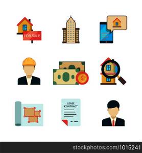 Real estate icons. Rent property home sale homeowner manager realtor insurance building business flat vector pictures. Illustration of building property, real estate house. Real estate icons. Rent property home sale homeowner manager realtor insurance building business flat vector pictures