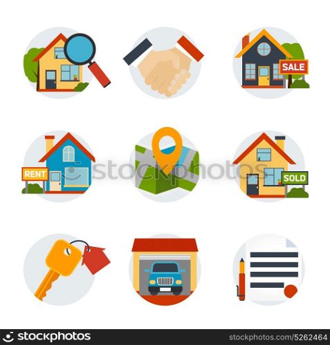 Real Estate Icons Set. Real estate icons set with house and purchase symbols flat isolated vector illustration