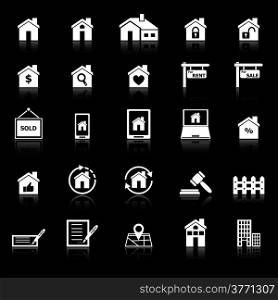Real estate icons with reflect on black background, stock vector